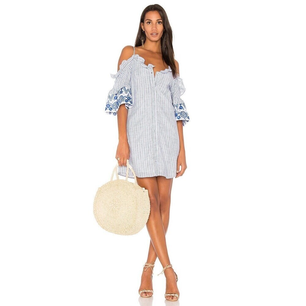 Parker Women Keegan Mini Dress Sz L Embroidered Blue Striped Off the Shoulders